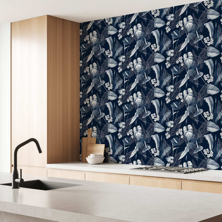 Wallpaper Monochrome Nature - Sketch of Leaves and Flowers on a Navy Blue Background 149905 additionalImage 9