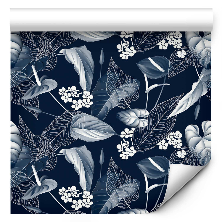 Wallpaper Monochrome Nature - Sketch of Leaves and Flowers on a Navy Blue Background 149905 additionalImage 1