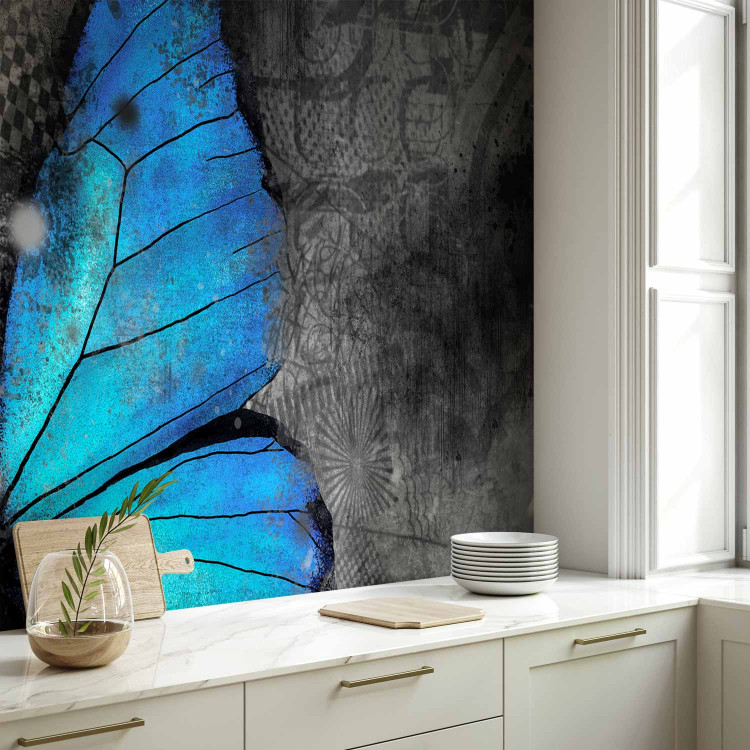 Wall Mural Beauty of the Butterfly - Blue butterfly on a graphite background with newspaper motif 61305 additionalImage 7