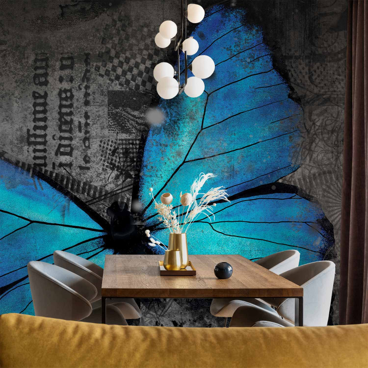 Wall Mural Beauty of the Butterfly - Blue butterfly on a graphite background with newspaper motif 61305 additionalImage 4