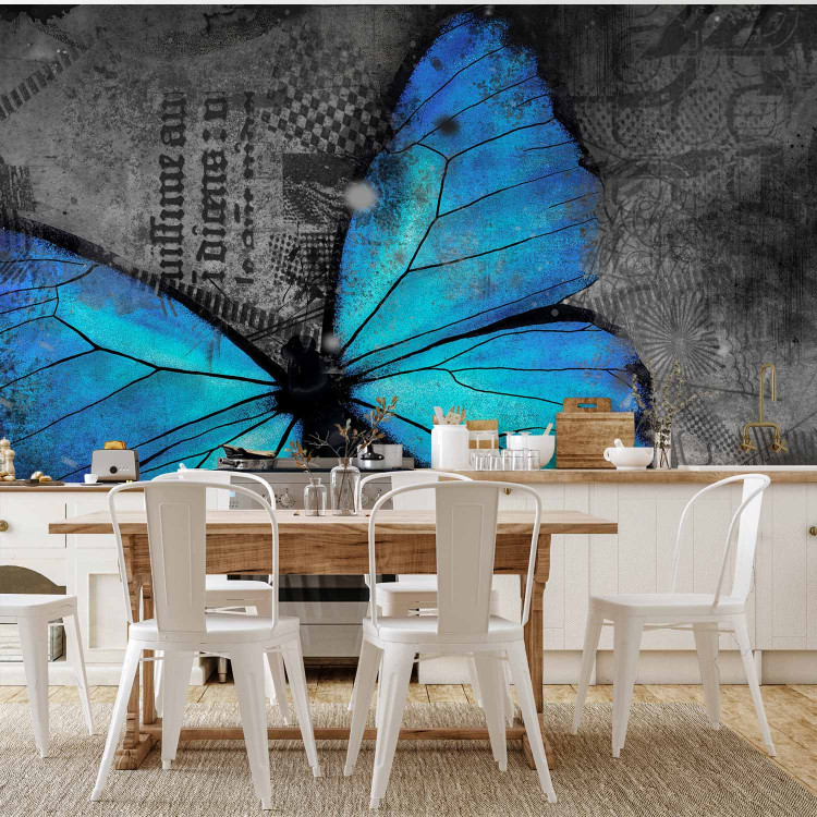 Wall Mural Beauty of the Butterfly - Blue butterfly on a graphite background with newspaper motif 61305 additionalImage 6
