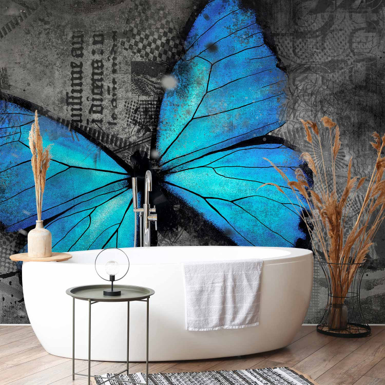 Wall Mural Beauty of the Butterfly - Blue butterfly on a graphite background with newspaper motif 61305 additionalImage 8
