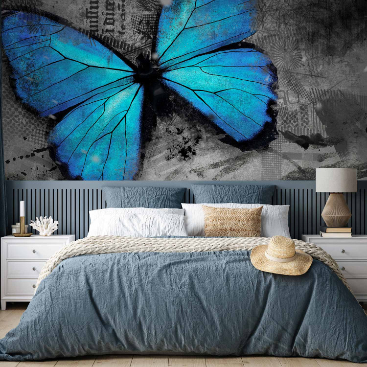 Wall Mural Beauty of the Butterfly - Blue butterfly on a graphite background with newspaper motif 61305 additionalImage 2