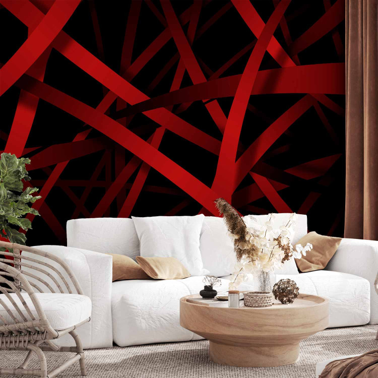 Wall Mural Dark depth - abstract illusion with burgundy stripes on a black background 97705