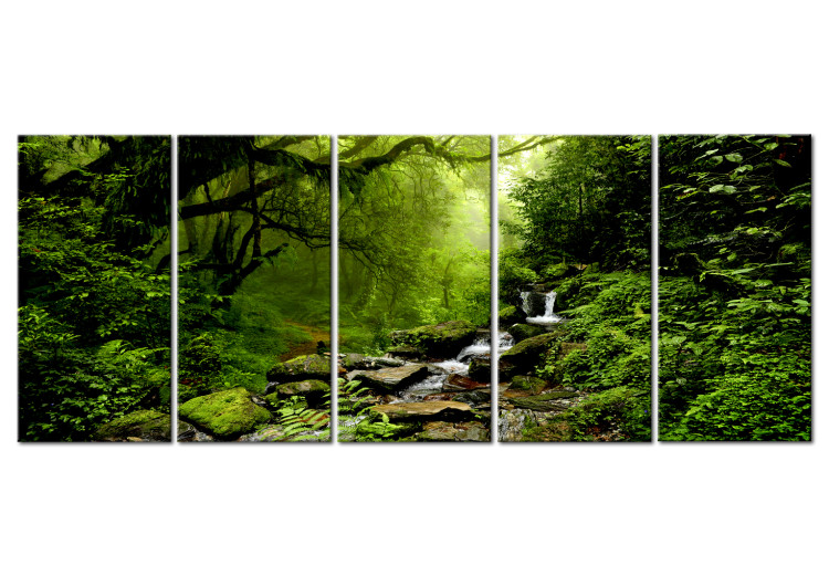 Canvas Forest Waterfall (5-piece) - Picturesque Landscape Amidst Green Trees 98605