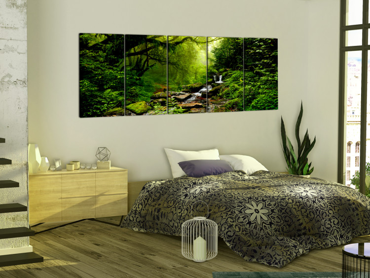 Canvas Forest Waterfall (5-piece) - Picturesque Landscape Amidst Green Trees 98605 additionalImage 3