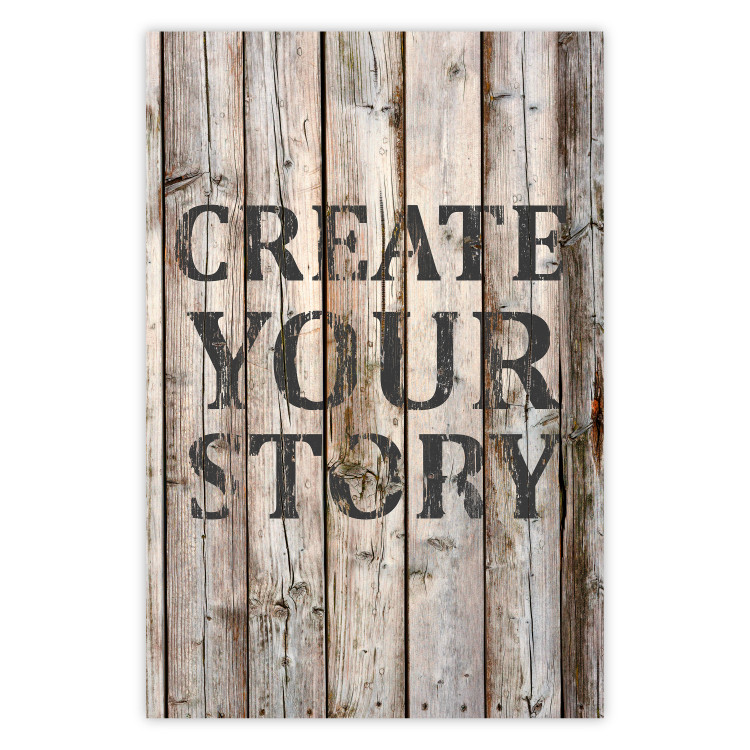 Poster Retro: Create Your Story - English text on a background of wooden planks 125715