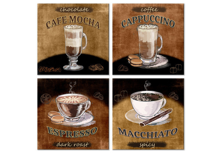 Canvas Print Coffee Variations (4-part) - beverages with inscriptions in retro motif 129315