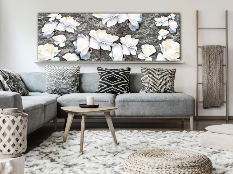 Canvas Art Print White Poppy - Abstraction with flowers and concrete 135515 additionalImage 3