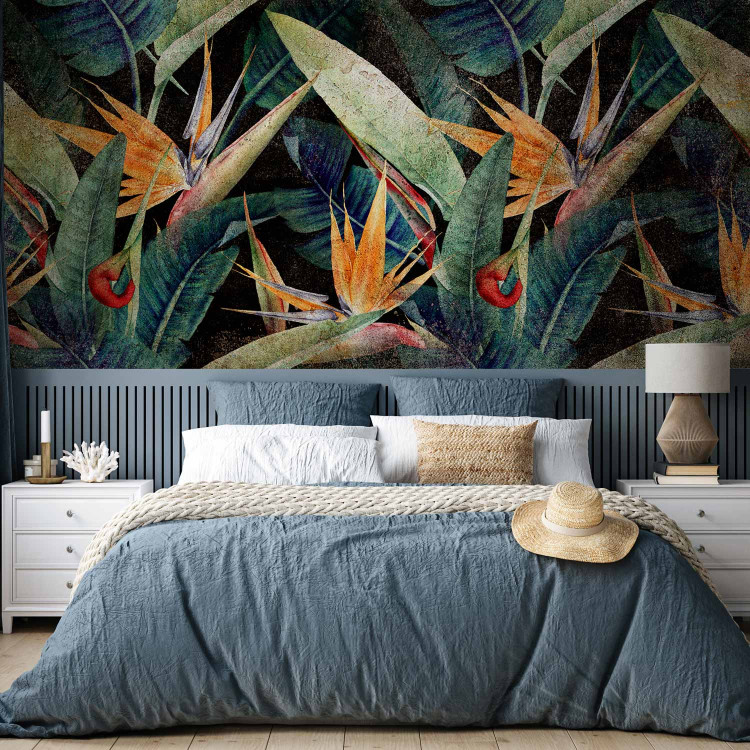 Wall Mural Vegetable landscape - exotic jungle leaves with flowers on black background 138615 additionalImage 2