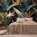 Wall Mural Vegetable landscape - exotic jungle leaves with flowers on black background 138615