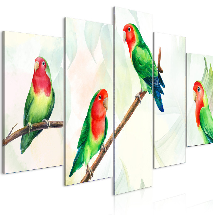Canvas Art Print Lovebirds (5-piece) Wide - colorful birds and leaves 142315 additionalImage 2