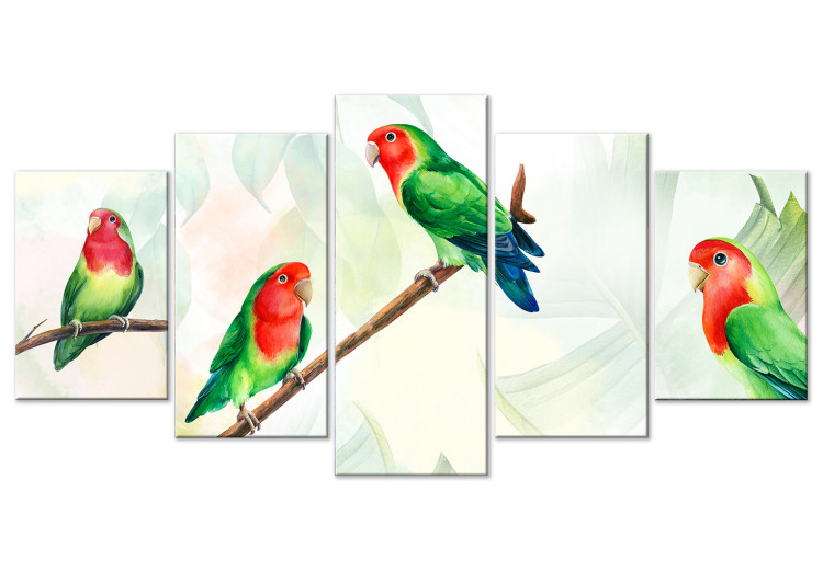 Canvas Art Print Lovebirds (5-piece) Wide - colorful birds and leaves 142315