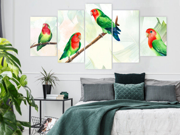 Canvas Art Print Lovebirds (5-piece) Wide - colorful birds and leaves 142315 additionalImage 3