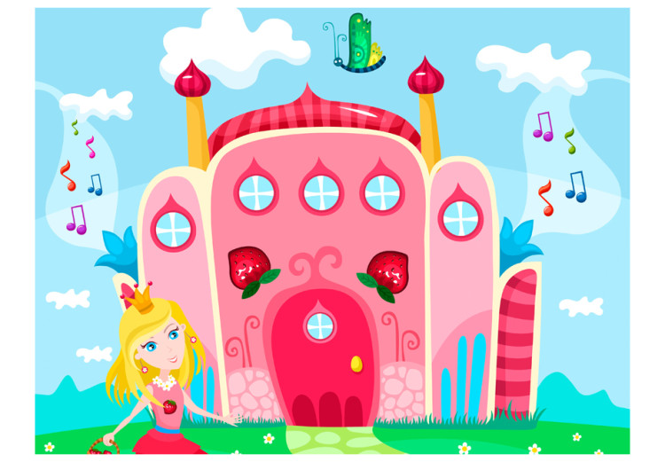 Photo Wallpaper Fantasy - Pink castle with a princess, musical notes, and a butterfly for children 61215 additionalImage 1