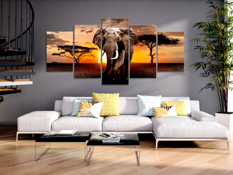 Canvas Art Print Elephant Trek (5-piece) - Sunset on the African Savanna 98615 additionalImage 3