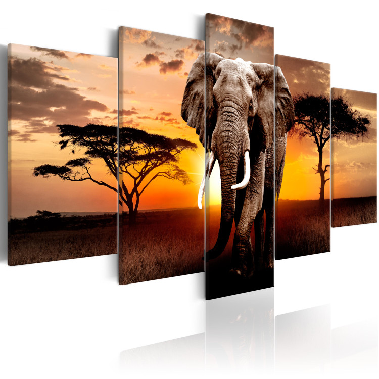 Canvas Art Print Elephant Trek (5-piece) - Sunset on the African Savanna 98615 additionalImage 2