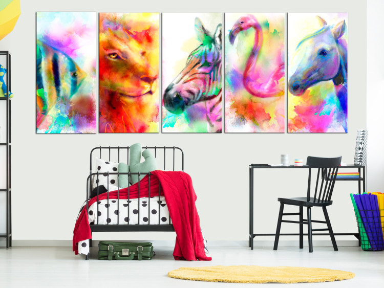 Canvas Art Print Rainbow Watercolors (5-part) Narrow - Colorful Horse in Pop Art Style 108225 additionalImage 3