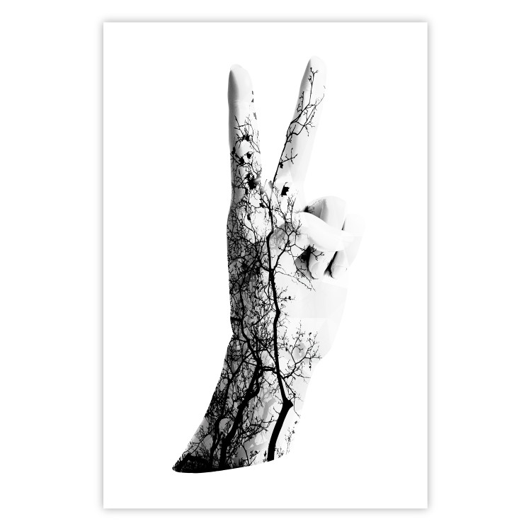 Poster Victory - black and white abstraction with a hand showing the victory sign 117025