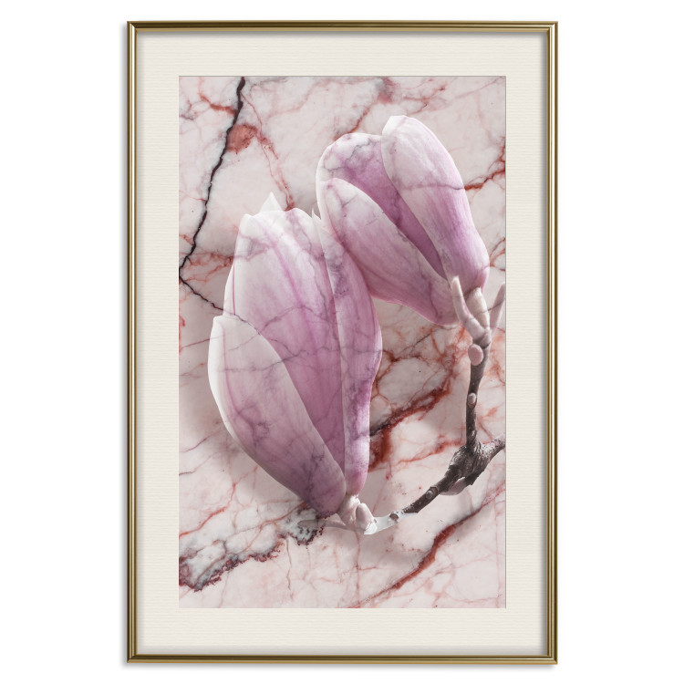 Poster Marble Magnolia - pink flowers on a background of white marble texture 122725 additionalImage 19