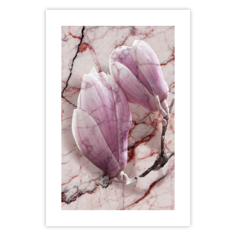 Poster Marble Magnolia - pink flowers on a background of white marble texture 122725 additionalImage 25