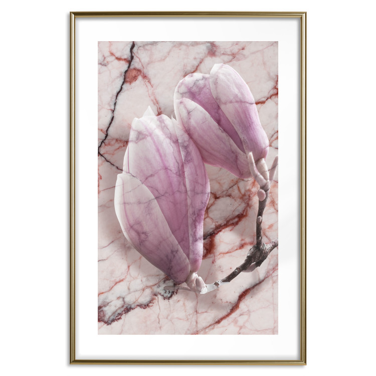 Poster Marble Magnolia - pink flowers on a background of white marble texture 122725 additionalImage 14
