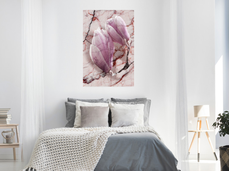Poster Marble Magnolia - pink flowers on a background of white marble texture 122725 additionalImage 17