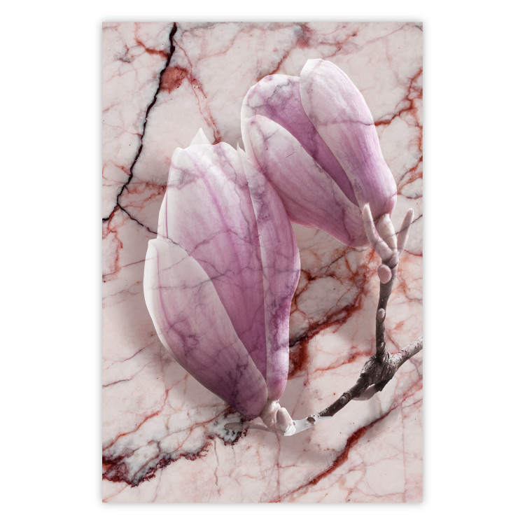 Poster Marble Magnolia - pink flowers on a background of white marble texture 122725