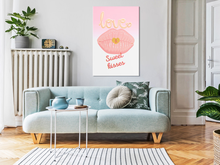Canvas Sweet kiss - a typographic composition depicting the mouth and golden heart and love subtitles in English 125225 additionalImage 3