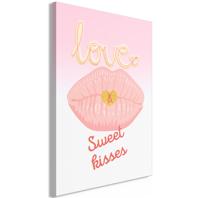 Canvas Sweet kiss - a typographic composition depicting the mouth and golden heart and love subtitles in English 125225 additionalImage 2