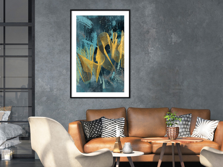 Wall Poster Golden Waves - golden waves on a blue texture in an abstract style 131925 additionalImage 23