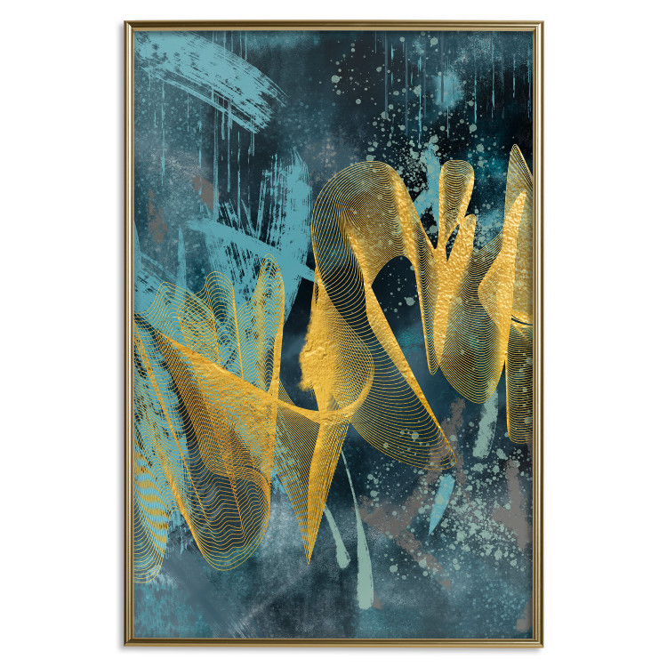 Wall Poster Golden Waves - golden waves on a blue texture in an abstract style 131925 additionalImage 21