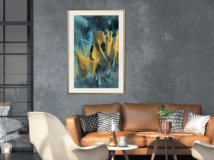 Wall Poster Golden Waves - golden waves on a blue texture in an abstract style 131925 additionalImage 22