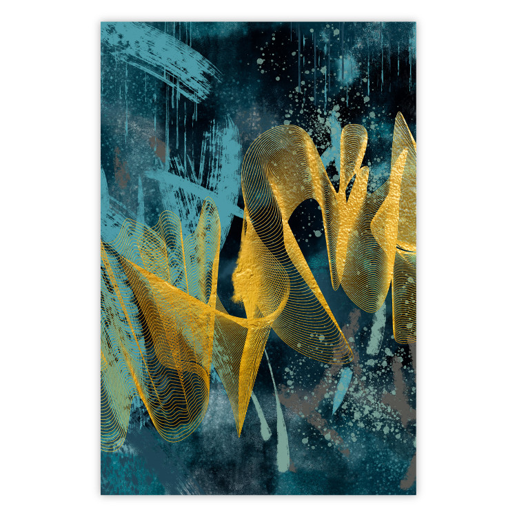 Wall Poster Golden Waves - golden waves on a blue texture in an abstract style 131925