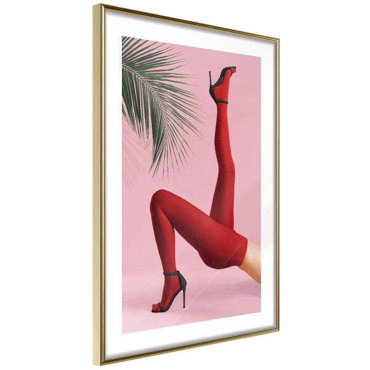 Poster Red Tights - Woman Legs, High Heels and Palm Leaf on a Pink Background 144125 additionalImage 9