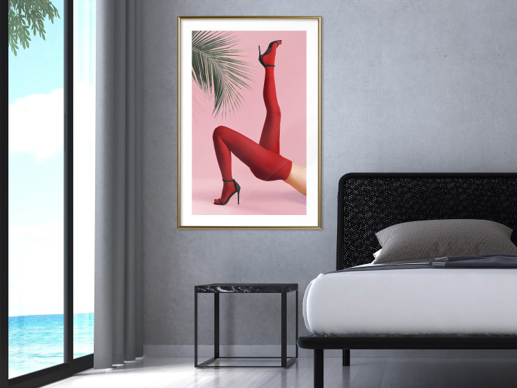 Poster Red Tights - Woman Legs, High Heels and Palm Leaf on a Pink Background 144125 additionalImage 14