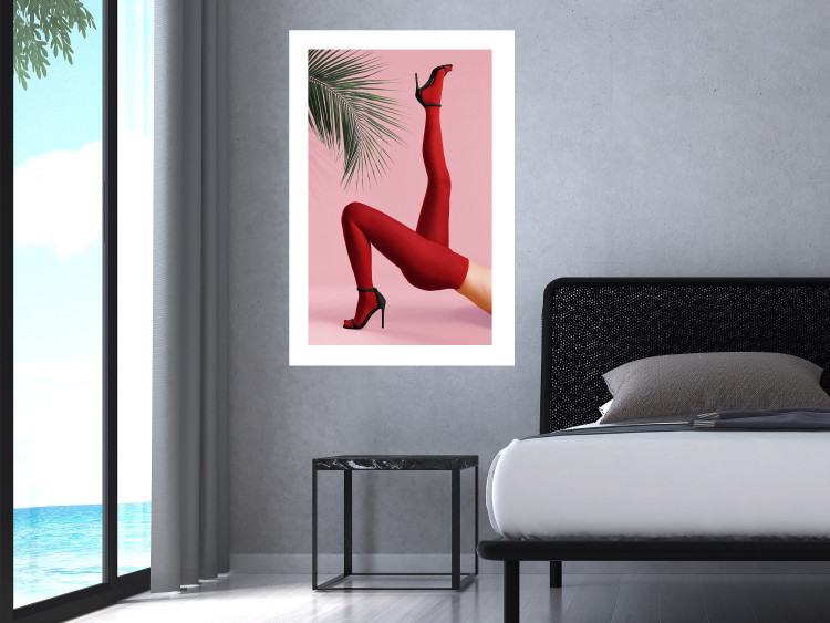 Poster Red Tights - Woman Legs, High Heels and Palm Leaf on a Pink Background 144125 additionalImage 11