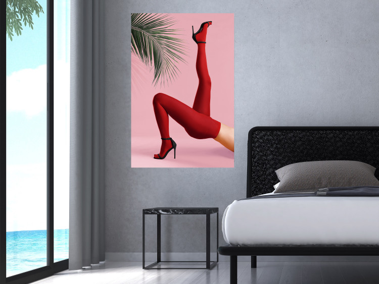 Poster Red Tights - Woman Legs, High Heels and Palm Leaf on a Pink Background 144125 additionalImage 8