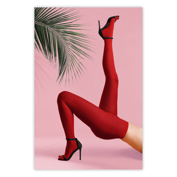 Poster Red Tights - Woman Legs, High Heels and Palm Leaf on a Pink Background 144125