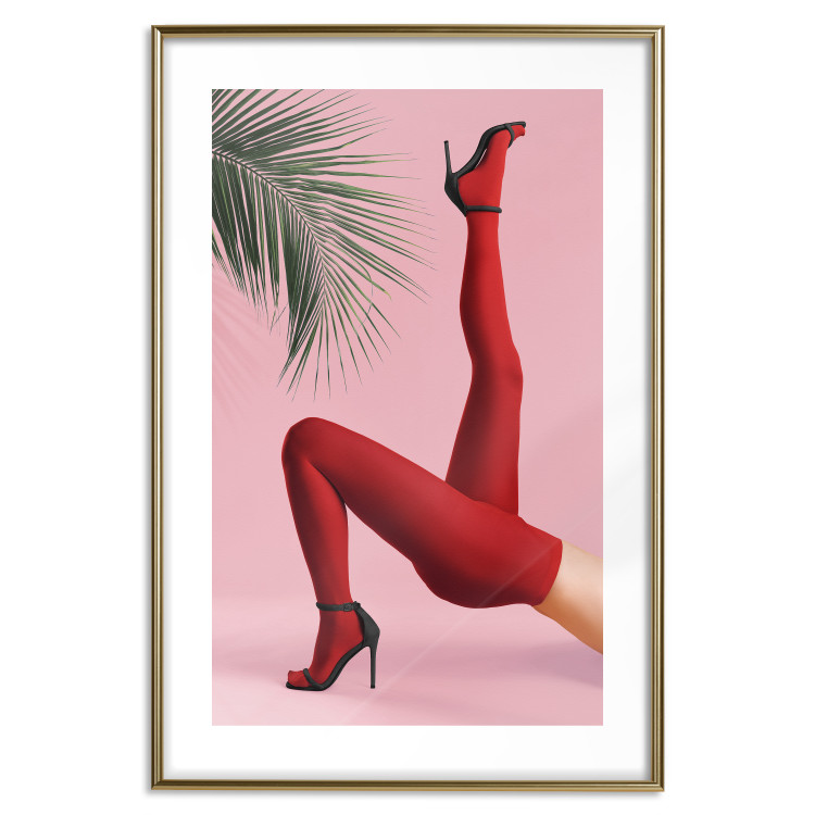 Poster Red Tights - Woman Legs, High Heels and Palm Leaf on a Pink Background 144125 additionalImage 19