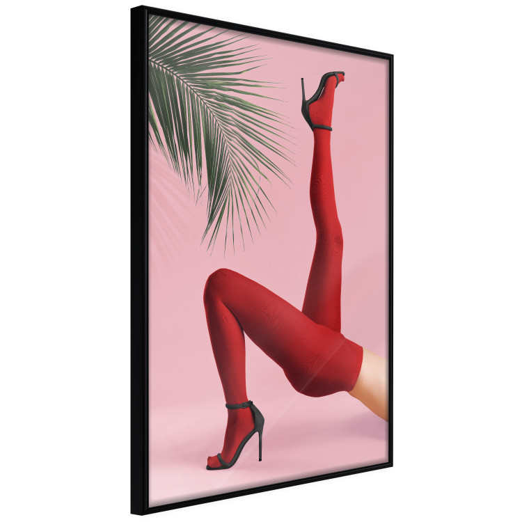 Poster Red Tights - Woman Legs, High Heels and Palm Leaf on a Pink Background 144125 additionalImage 2