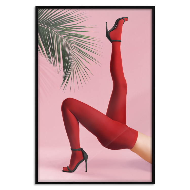 Poster Red Tights - Woman Legs, High Heels and Palm Leaf on a Pink Background 144125 additionalImage 17