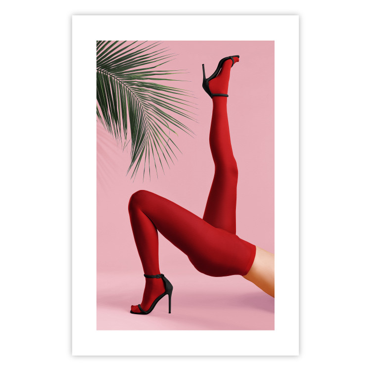 Poster Red Tights - Woman Legs, High Heels and Palm Leaf on a Pink Background 144125 additionalImage 15