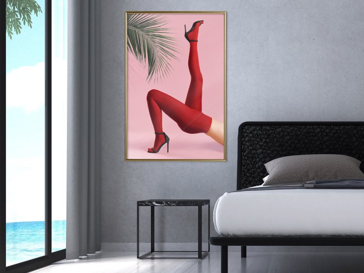 Poster Red Tights - Woman Legs, High Heels and Palm Leaf on a Pink Background 144125 additionalImage 10