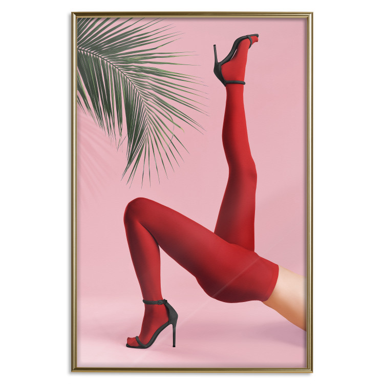 Poster Red Tights - Woman Legs, High Heels and Palm Leaf on a Pink Background 144125 additionalImage 20