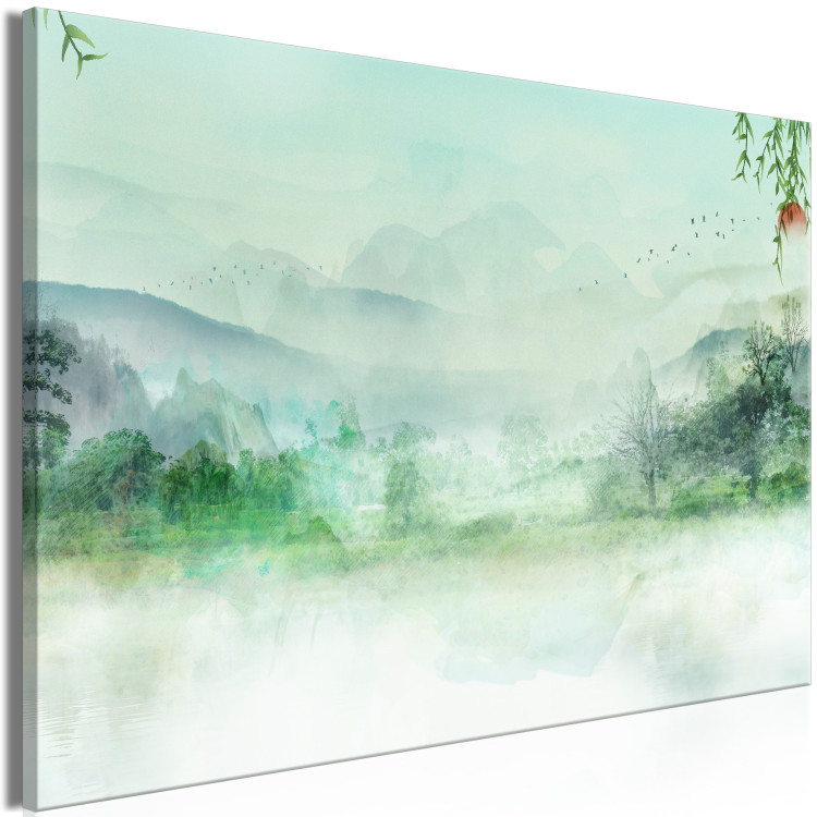 Canvas Print Misty Landscape (1-piece) - green landscape overlooking forest and mountains 144725 additionalImage 2