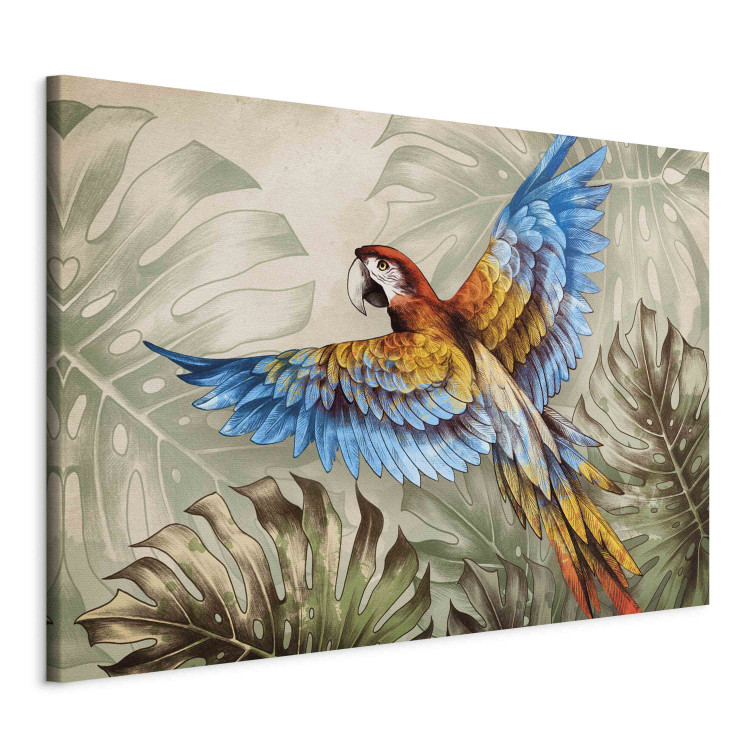 Canvas Parrot in the Jungle - A Colorful Bird Among the Delicate Leaves of a Monstera 151525 additionalImage 2