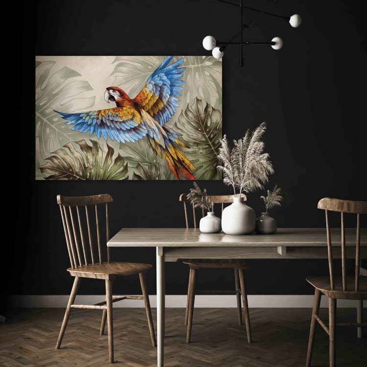 Canvas Parrot in the Jungle - A Colorful Bird Among the Delicate Leaves of a Monstera 151525 additionalImage 5
