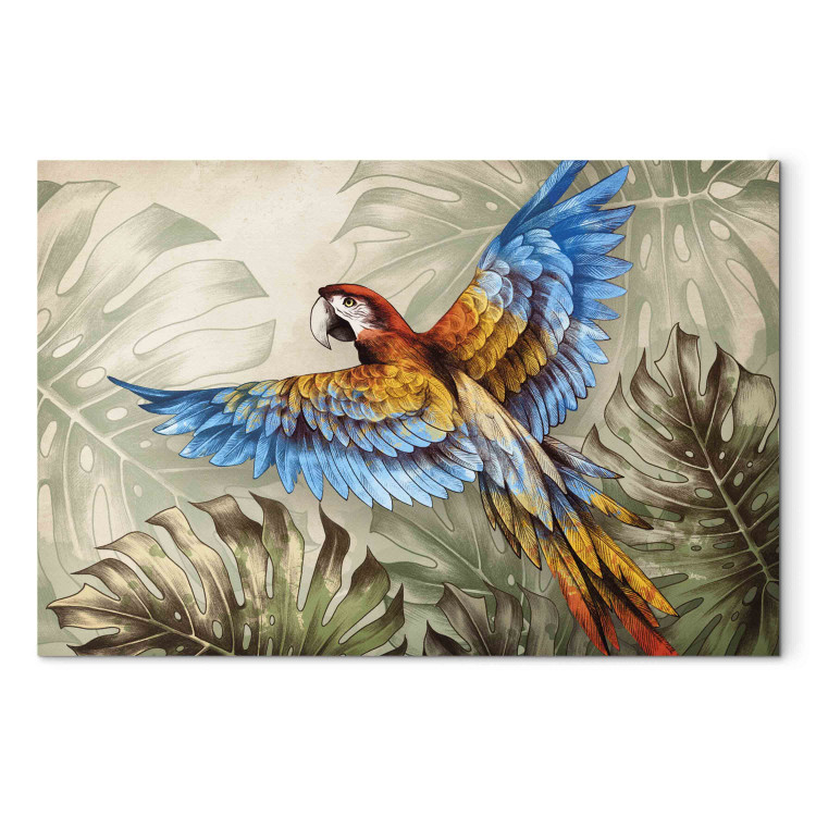 Canvas Parrot in the Jungle - A Colorful Bird Among the Delicate Leaves of a Monstera 151525