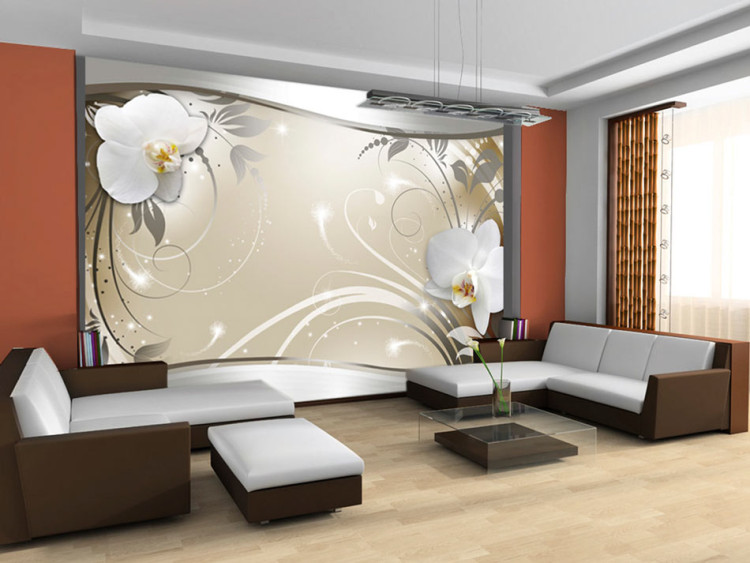 Wall Mural Beige Abstraction - Orchids on a Beige Background with Silver Details 60125